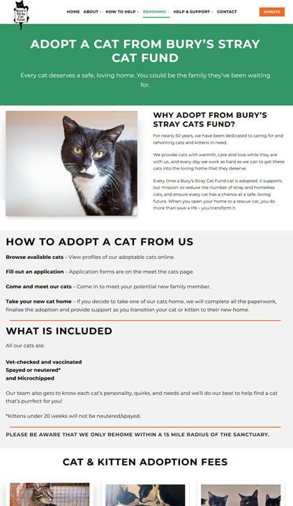 Animal rescue rehoming flow with steps and enquiry form