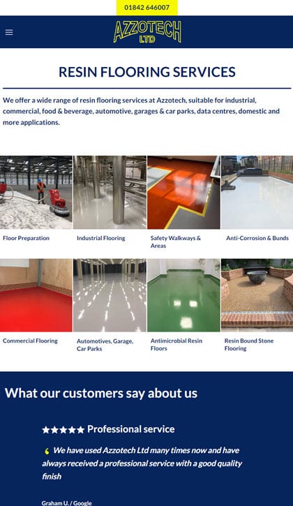 Epoxy resin flooring service page with benefits and enquiry CTA