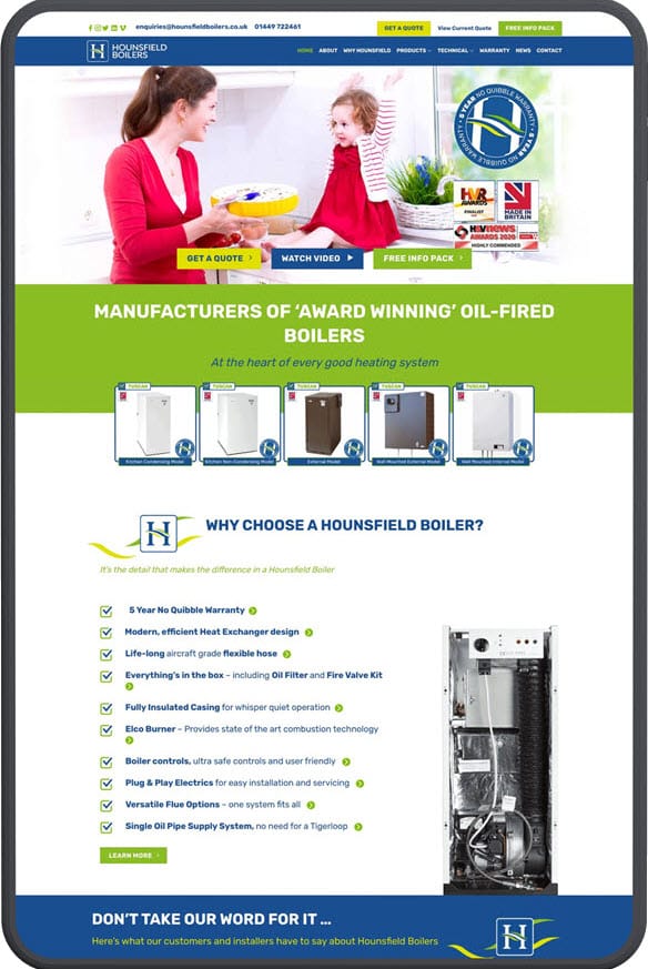 Heating and plumbing website design in Suffolk built in WordPress for enquiries