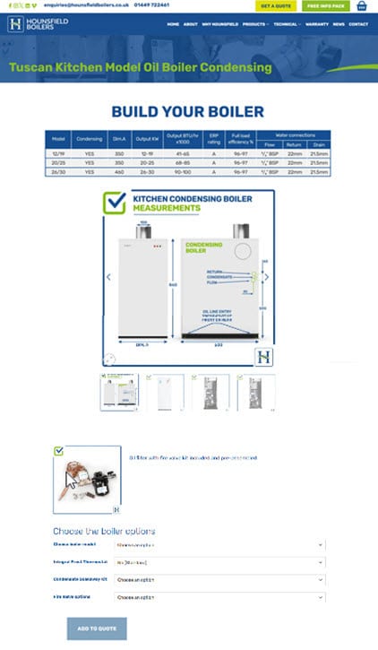 Boiler product page with specs and downloadable data sheets
