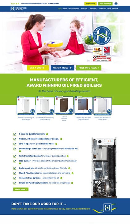Heating company website design — homepage after redesign (Hounsfield Boilers)