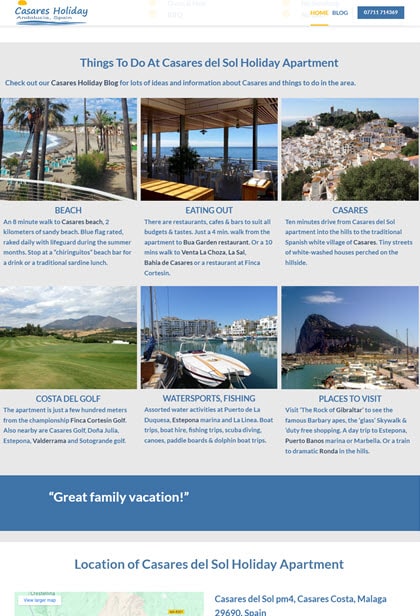 Holiday rental location section with embedded Google Map and local highlights