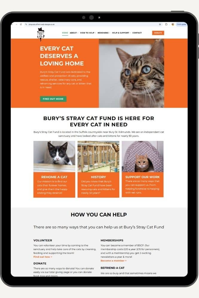 Charity website design in Suffolk with clear donation, adoption and volunteer routes