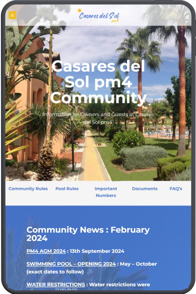 Community website showing events, resident information and contact options on mobile
